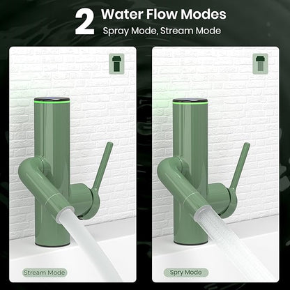 Bathroom Faucets, Cactus Design, Single-Hole with Water-Powered Temperature Changing 3 Color Lights, 360° Rotatable Spout and 2 Flow Modes, Bath Sink Faucet with Supply Hoses, Green