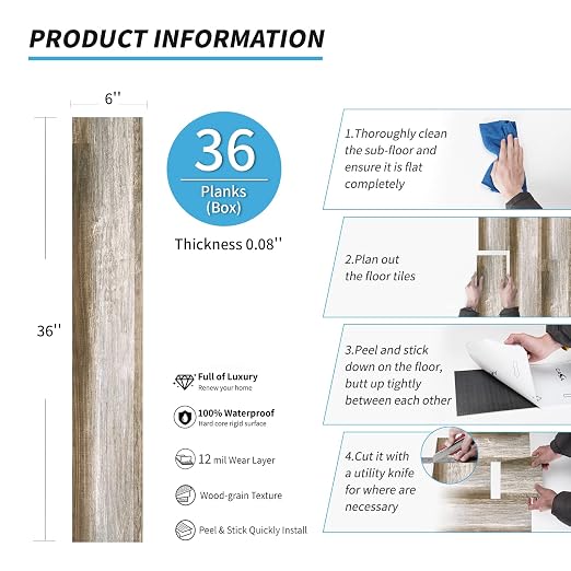 Art3d 36-Pack Wood Texture Peel and Stick Vinyl Flooring Tiles, Old Wood | 18 & 54 sq.ft Options, Rigid Surface Hard Core, Waterproof, Self-Adhesive, Impact Resistant, Fit Indoor Household Spaces
