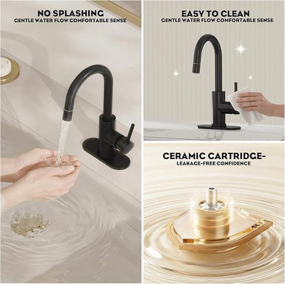 Tall Bathroom Faucet with Pull Out Sprayer,Matte Black Single Handle Swivel Pull Down Faucet,Pop-Up Drain,1 or 3 Hole 2 Model RV Bar Laundry Utility Sink Faucet with Deck Plate, WE08CL-ZY-MB