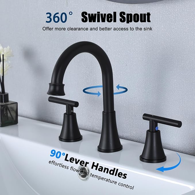 HOTIS Black Bathroom Faucet 3 Hole, 2 Handle 360° Swivel Matte Black 8 Inch Widespread Bathroom Sink Faucet, Lavatory Sink Faucet with Pop-up Drain and Supply Lines, HT-BF302