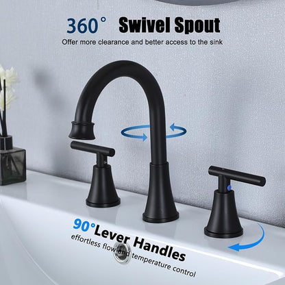 HOTIS Black Bathroom Faucet 3 Hole, 2 Handle 360° Swivel Matte Black 8 Inch Widespread Bathroom Sink Faucet, Lavatory Sink Faucet with Pop-up Drain and Supply Lines, HT-BF302