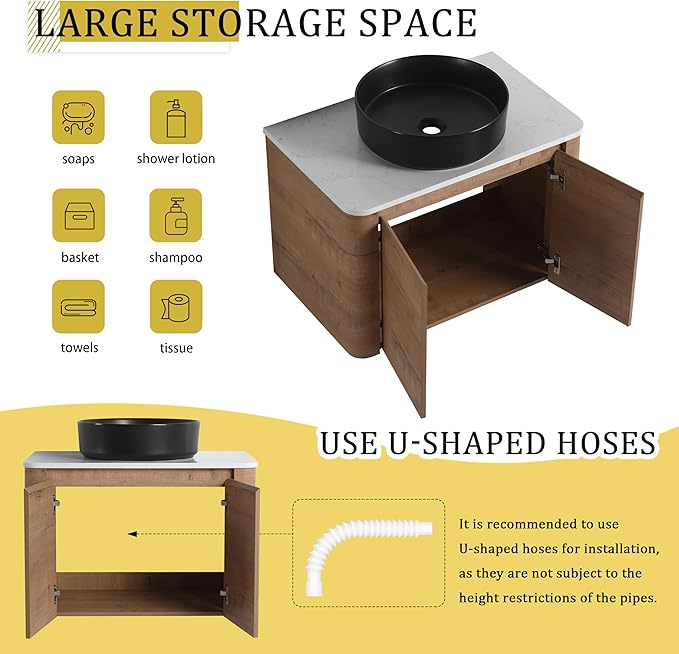LKTART 30 Inch Floating Bathroom Vanity with Sink, Modern Wall Mounted Bathroom with Soft Close Door, Black Round Ceramic Basin and Sintered Stone Top