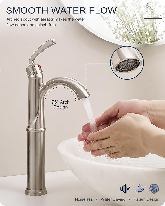 Brass Vessel Faucet Brushed Nickel, 1 Hole Tall Faucet for Bathroom Sink with Single Handle, Pop Up Drain & cUPC Water Hoses, Classic Aerator Style for Vessel Sink, 5 Mins Quick Installation
