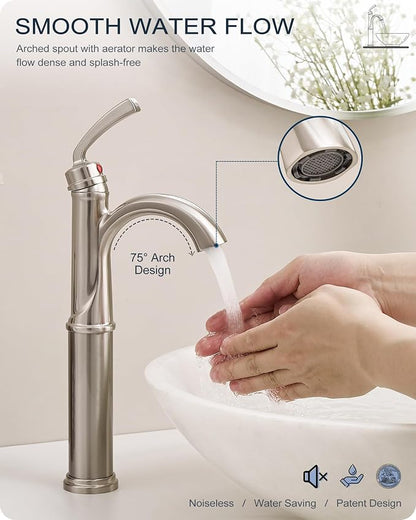 Brass Vessel Faucet Brushed Nickel, 1 Hole Tall Faucet for Bathroom Sink with Single Handle, Pop Up Drain & cUPC Water Hoses, Classic Aerator Style for Vessel Sink, 5 Mins Quick Installation