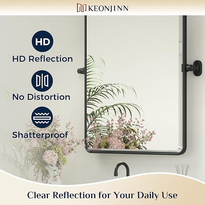 Keonjinn 20x30 Inch Black Povit Mirror for Bathroom, Tilt Mirror, Beveled | Tenmpered Glass, Rectangle, Adjustable Bathroom Mirrors for Over Sink, Farmhouse, Metal Framed, Horizontal/Vertical