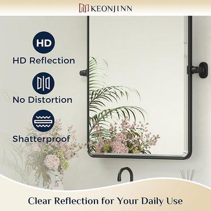 Keonjinn 24x36 Inch Black Povit Mirror for Bathroom, Tilt Mirror | Tenmpered Glass, Rectangle, Adjustable Bathroom Mirrors for Over Sink, Farmhouse, Metal Framed, Horizontal/Vertical