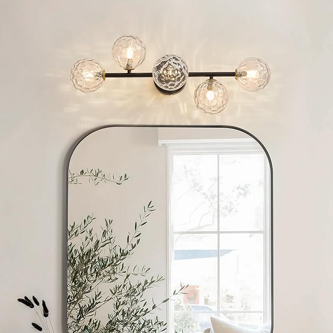 Bathroom Vanity Mirror Light Fixtures: Dimmable 5 Lights Bath Wall Sconce Lighting - Brass Black Vanity Lights with Hammered Clear Glass Shade - Modern Minimalist Makeup Light Above Mirror G9 Base