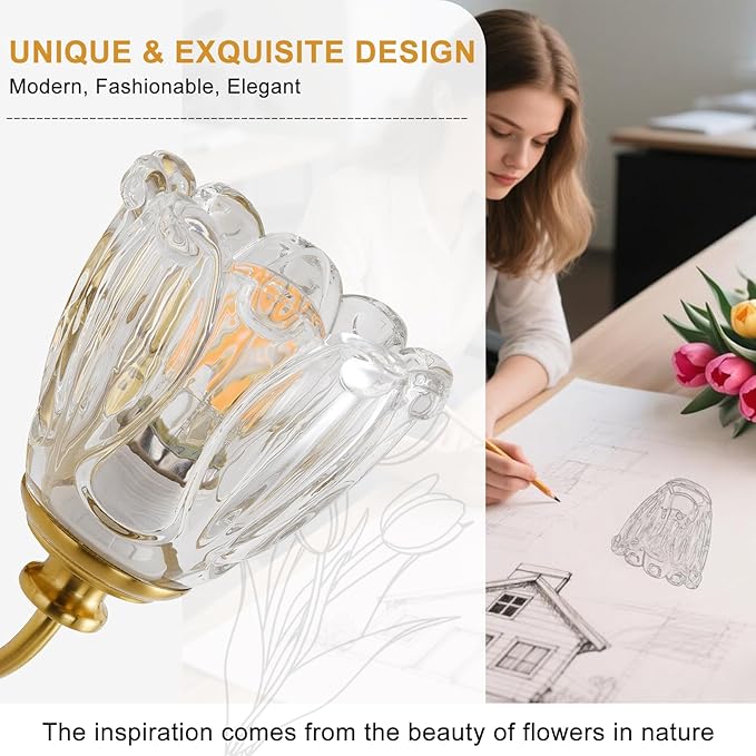 Bathroom Light Fixtures (3-Light), Vintage Brushed Gold Vanity Lights for Bathroom with Clear Tulip Crystal Glass Shade, Vanity Wall Light Over Mirror for Bedroom Living Room Hallway