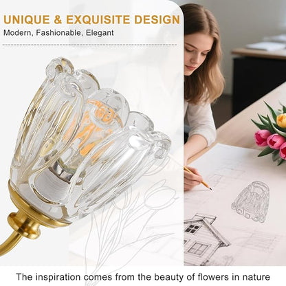 Bathroom Light Fixtures (3-Light), Vintage Brushed Gold Vanity Lights for Bathroom with Clear Tulip Crystal Glass Shade, Vanity Wall Light Over Mirror for Bedroom Living Room Hallway