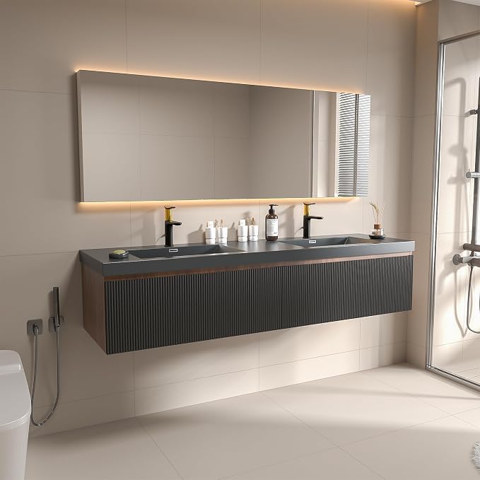 72 Inch Floating Bathroom Vanity with Double Sink, Modern Black Wall Mounted Floating Vanity with Scratch-Resistant Quartz Sand Basin, Soft Closing Drawers, Fully Pre Assembled Bathroom Vanity