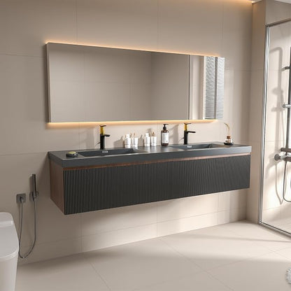 72 Inch Floating Bathroom Vanity with Double Sink, Modern Black Wall Mounted Floating Vanity with Scratch-Resistant Quartz Sand Basin, Soft Closing Drawers, Fully Pre Assembled Bathroom Vanity