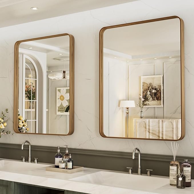 LOAAO 30X36 Inch Bathroom Mirror with Wood Grain Colored Metal Frame | Rounded Rectangle Metal Framed, Anti-Rust, Hangs Horizontally or Vertically, Tempered Glass