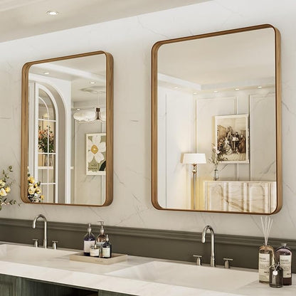 LOAAO 30X36 Inch Bathroom Mirror with Wood Grain Colored Metal Frame | Rounded Rectangle Metal Framed, Anti-Rust, Hangs Horizontally or Vertically, Tempered Glass