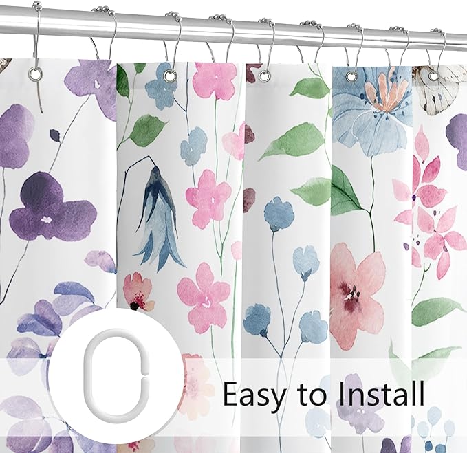 Extra Long Shower Curtain 72 x 96 Inch, Floor to Ceiling X-Long Colorful Floral Shower Curtain, Pink Green Blue Flower Butterfly Fabric Shower Curtain Set with Hooks