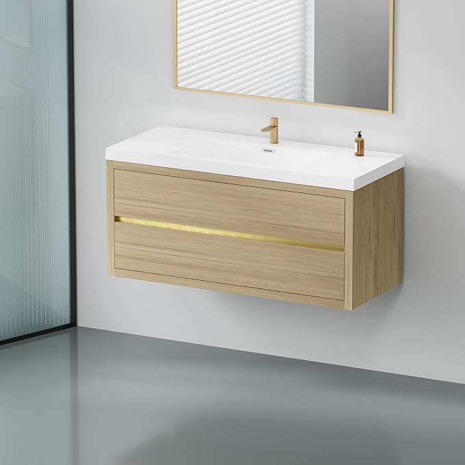 48" Floating Bathroom Vanity with Sink, Wall-Mounted Bathroom Storage Vanity Cabinet with Resin Top Basin and Soft Close Drawers, Fully Assembled, Natural Oak