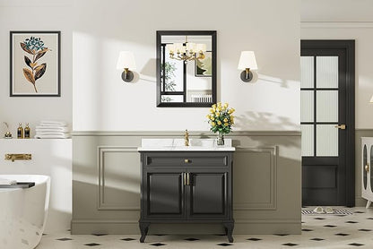24x30 Inch Black Bathroom Mirror for Wall, Thick Metal Framed Rectangle Mirrors for Over Sink, Bedroom, Living Room, Entryway, Anti-Rust, HD Tempered Glass