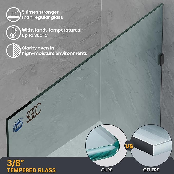 Bathroom Shower Glass Door 10" W×78.75" H, 3/8"(10mm) Thick Clear Tempered Glass Panel with Clamps, Fixed Frameless Waterproof Shower Door, Matte Black