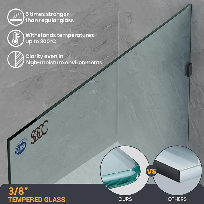 Bathroom Shower Glass Door 30.5" W×78.75" H, 3/8"(10mm) Thick Clear Tempered Glass Panel with Clamps, Fixed Frameless Waterproof Shower Door, Matte Black