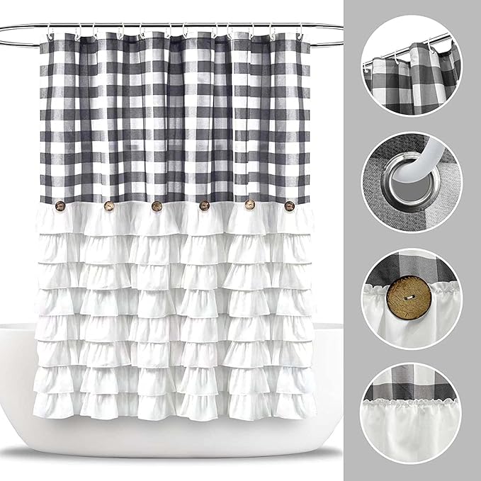 Seasonwood Grey Farmhouse Shower Curtain Extra Long 84 Inch Gray and White Buffalo Plaid Pattern Fabric 72"x84" Shower Curtains with Buttons & White Ruffles for Bathroom Long Shower Curtain 84 Length
