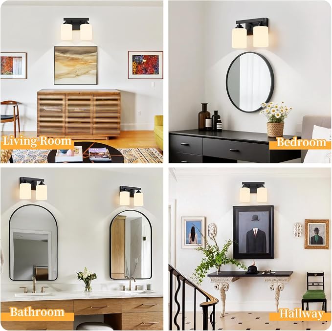 Bathroom Light Fixtures, Vanity Light Over Mirror Black 2-Light Fixture | Modern bathroom vanity light fixture with metal frame, ideal for mirrors, bedrooms and hallways. Fits E26 bulbs.