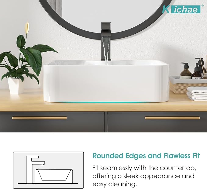 19"x15" Rectangle Bathroom Vessel Sink with Faucet Combo Porcelain Ceramic White Vanity Sink Above Counter Modern Sink with Faucet Hole for Lavatory, Hotel Art Basin, Home Washing Basin