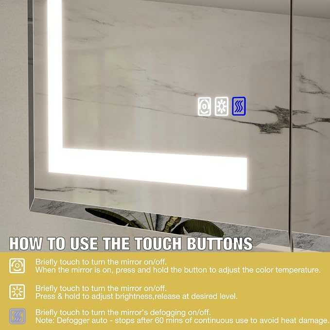 30x24 Lighted Medicine Cabinet with Mirror Defogger - Dimmable Touch Sensor, Adjustable Color Temperature, Shatterproof Tempered Glass, Quick-Release Hinges, Adjustable Shelves,UL Certified
