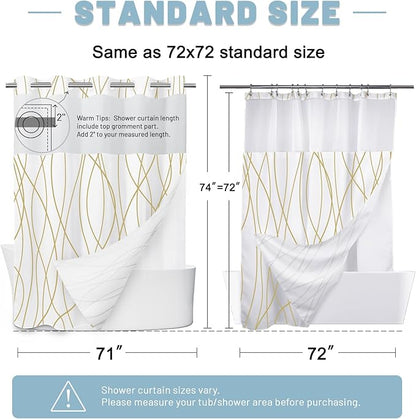 No Hook Gold White Striped Shower Curtain with Snap in Liner Set - Hotel Shower Curtain and Liner Set with See Through Mesh Top Window,Machine Washable, 71x74 INCH