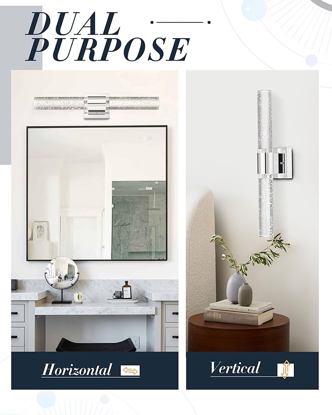 Chrome Vanity Lights, HWH LED Bathroom Lights Over Mirror 11W with Bubble Glass, Modern Wall Sconce Crystal Wall Light Fixtures, 3000K/4000K/5000K Dimmable, 5HW76B-LED CH