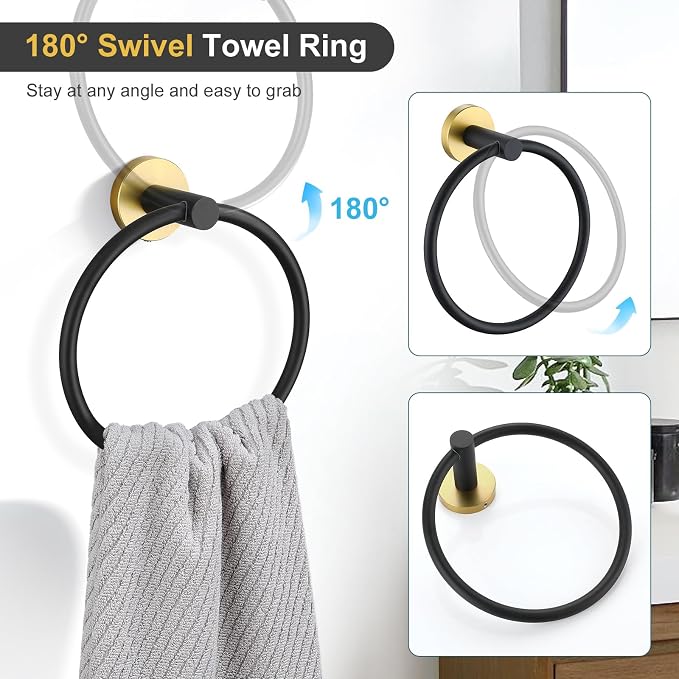TQKAG Black and Gold Bathroom Hardware Set, 6-Piece Towel Bar Set 23.6 Inch | Towel Bar Set, Wall Mounted, Bathroom Accessories Set Include Paper Holders, Towel Rings, Towel Hooks, SUS304 Stainless Steel