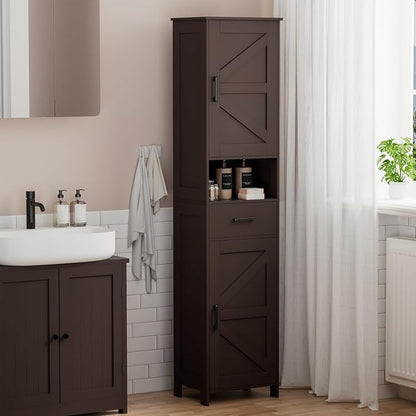 Homhedy 67" H Tall Bathroom Storage Cabinet with Barn Doors and Drawer | Narrow Storage Unit with Adjustable Shelves, Floor Cabinet for Bathroom, Living Room, Entryway or Kitchen, Brown, 15.7" W
