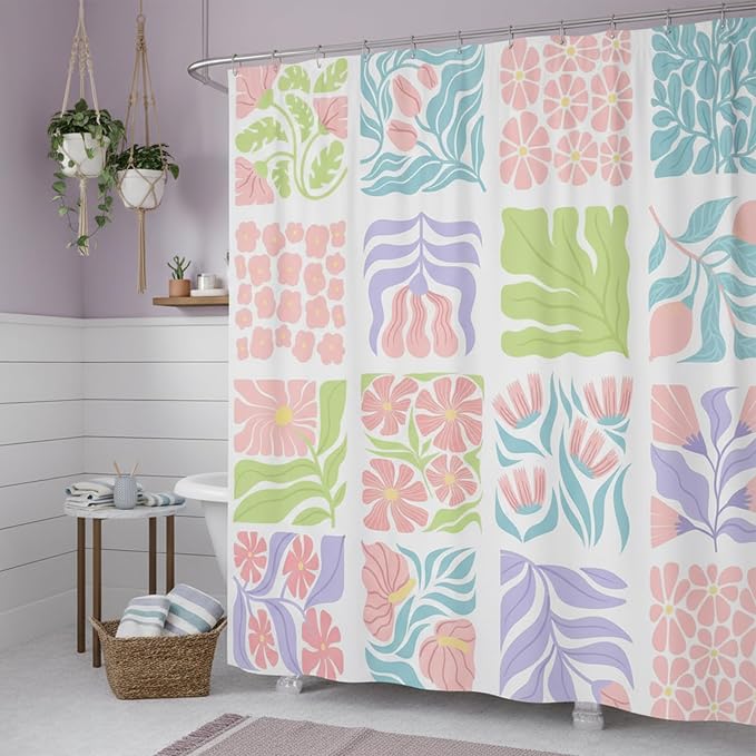 JAWO Cute Boho Floral Shower Curtain, Colorful Abstract Floral Retro Aesthetic Shower Curtain for Bathroom, Funky Unique Waterproof Fabric Polyester Bath Curtains Decor with Hooks,48Wx70H