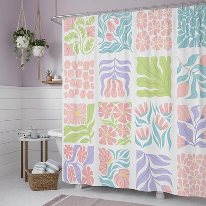 JAWO Cute Boho Floral Shower Curtain, Colorful Abstract Floral Retro Aesthetic Shower Curtain for Bathroom, Funky Unique Waterproof Fabric Polyester Bath Curtains Decor with Hooks,70Wx78H