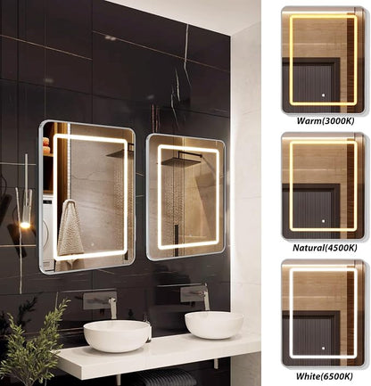 APRILSOUL 16x24 Inch Lighted Bathroom Medicine Cabinet with Mirror, Silver Recessed or Surface Mount Medicine Cabinet Mirror with Storage and LED Lights, 3 Colors Temperature, Dimmable Light