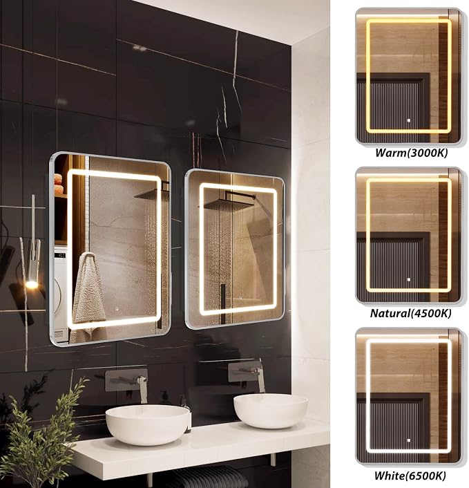 APRILSOUL 20x30 Inch Lighted Bathroom Medicine Cabinet with Mirror, Silver Recessed or Surface Mount Medicine Cabinet Mirror with Storage and LED Lights, 3 Colors Temperature, Dimmable Light