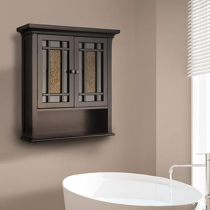 Teamson Home 2 Door Bathroom Wall Cabinet Windsor Collection with Crown Molding, Wall Mounted Over The Toilet Storage with Open Shelf & Decorative Glass Mosaic Details, Espresso