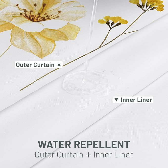 No Hook Floral Shower Curtain with Liner, Yellow Gray, 71x74 | Snap in Liner, 3 in 1, Water Repellent, Easy Install, Machine Washable, Hotel Style for Bathroom, Watercolor Pattern