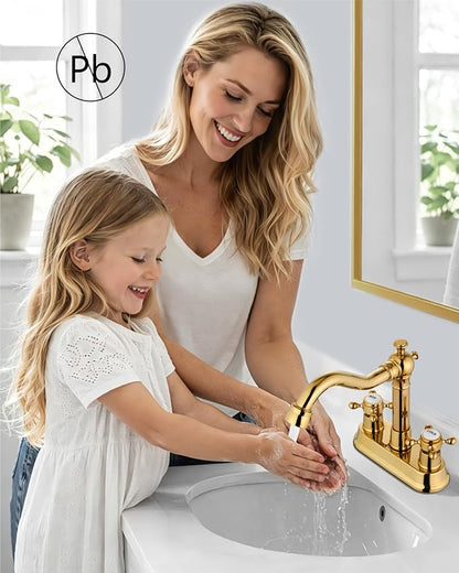 4 Inch Centerset Bathroom Sink Faucet 2 H&C Handle Polish Gold | Swivel Spout,Hot&Cold Label Cross Handle,Pop Up Drain,cUPC Hose,SUS304,for 2 or 3 Hole Sink,Lavatory,Vintage,Farmhouse,RV
