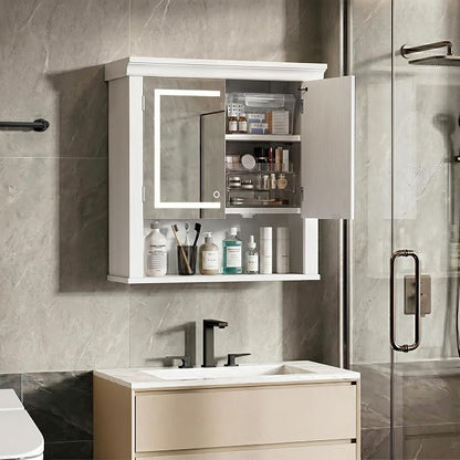 Bathroom Medicine Cabinet with Mirror and Lights, Wall Mount Bathroom Mirror with Storage, 3 Color Temps, Led Medicine Cabinet Mirror for Bathroom with 2 Doors, 9.3" Dx24.2 Wx25 H(White)