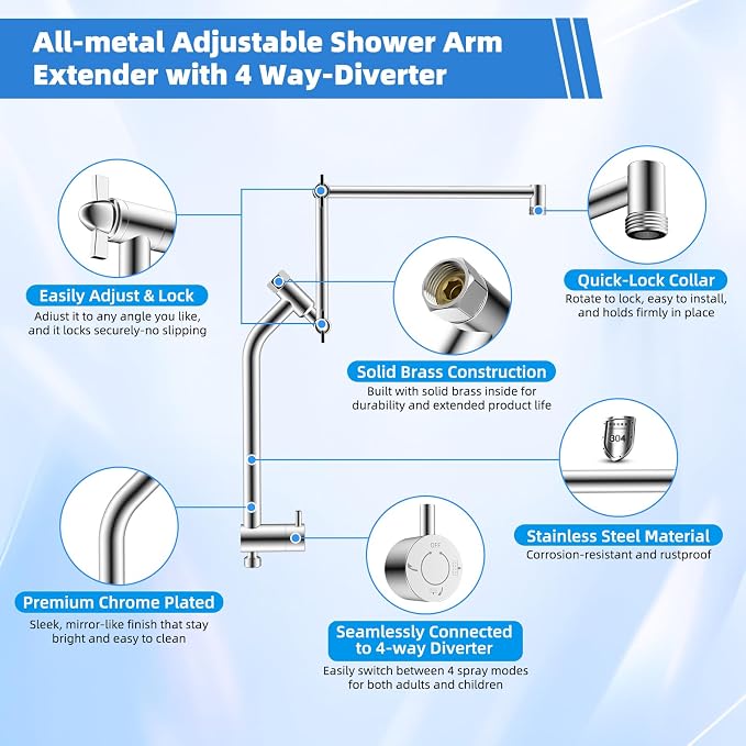 12” Metal Rain Shower Head with Handheld, 10-Mode with Filter, Easy Reach | Chrome, High-Pressure Rainfall Showerhead, Upgraded 4-Way Diverter Pause Mode, Adjustable 16" Extension Arm/71" Hose/Holder