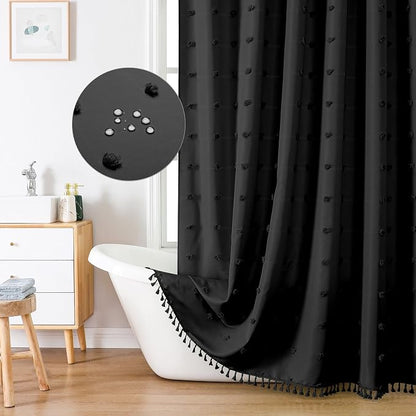 LilyCat Boho Tufted Floral Shower Curtain with Tassel, Black, 72" x 72" | Waterproof Boho Fabric Shower Curtain Set with Hooks, Cute Rustic Vintage Bathroom Décor, Minimalist Cloth Bathroom Curtain