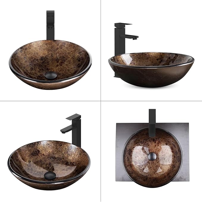 Bathroom Artistic Vessel Sink, Tempered Glass Vanity Round Bowl, Brown | Black Faucet, Pop Up Drain, Above Counter, Easy Clean