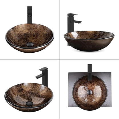 Bathroom Artistic Vessel Sink, Tempered Glass Vanity Round Bowl, Brown | Black Faucet, Pop Up Drain, Above Counter, Easy Clean