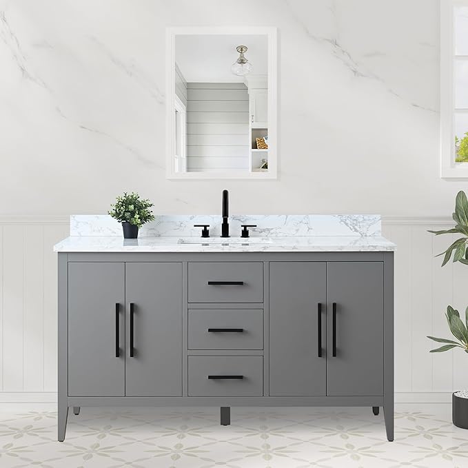 HOMEBEYOND 60 Inch Bathroom Vanity with Sink & Ceramic Top, Single Vanity Cabinet with Basin, Soft-Closing Doors & Matte Black Hardware, Grey