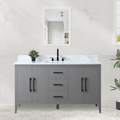 HOMEBEYOND 60 Inch Bathroom Vanity with Sink & Ceramic Top, Single Vanity Cabinet with Basin, Soft-Closing Doors & Matte Black Hardware, Grey