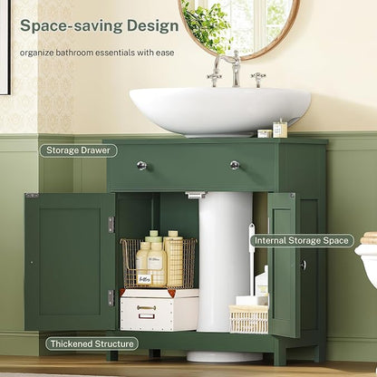 TEENFON Pedestal Sink Storage Cabinet with 2 Doors and Drawer, Bathroom Sink Cabinet, Under Sink Cabinet with U-Shape Cut-Out, Green