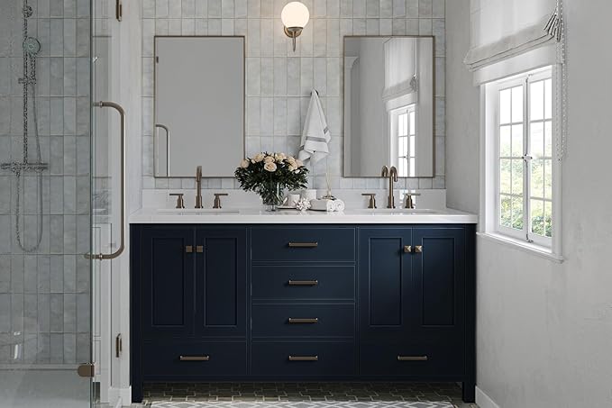 ARIEL Cambridge 66-inch Bathroom Vanity Base Cabinet,Solid Wood, 4 Soft Closing Doors, 6 Dovetail Drawers, Midnight Blue