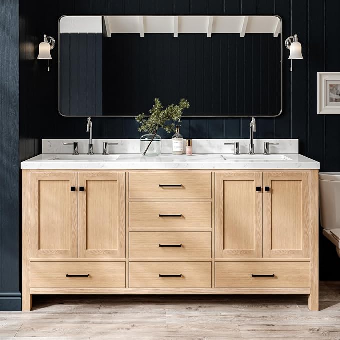 ARIEL Cambridge 72-inch Bathroom Vanity with Sink,Solid Wood, 1.5-inch Carrara White Quartz Countertop, Double Rectangular Porcelain Sink, 4 Soft Closing Doors, 6 Dovetail Drawers, White Oak