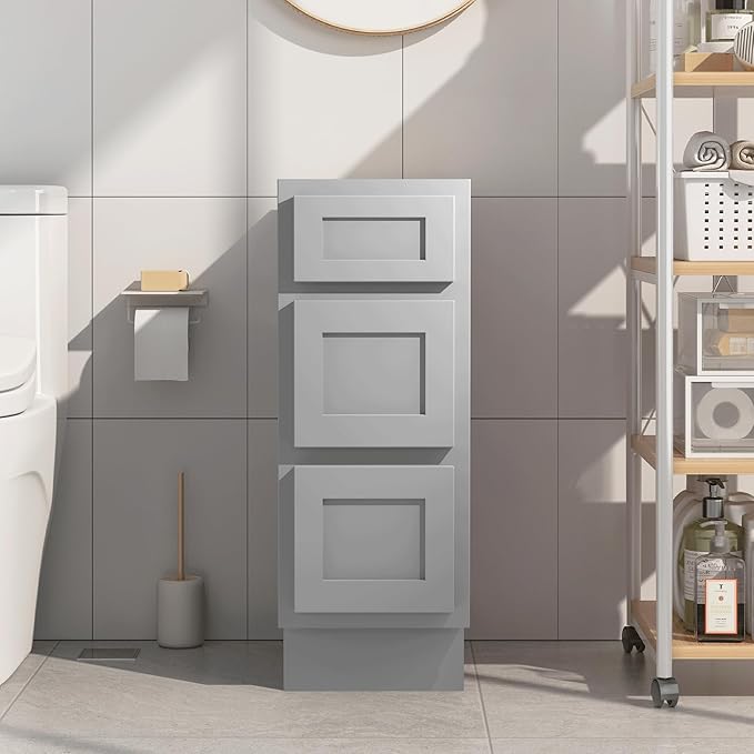 Vanity Art 12 Inch Bathroom Vanity Small Base Cabinet with 3 Soft Closing Shaker Drawers, Strudy Floor Mount Cabinets for Storage Shaving, Washroom Accessories, VA4012-3G