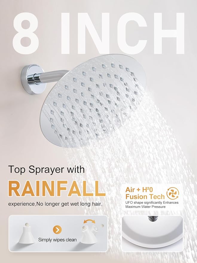Woindo Shower Faucet Set 10" Rain Shower Head/8'' Side Shower Head and 3 Setting Handheld Ceiling Mount 3 Push Button Diverter Complete Rainfall Round Shower System Included Valve Trim Kit