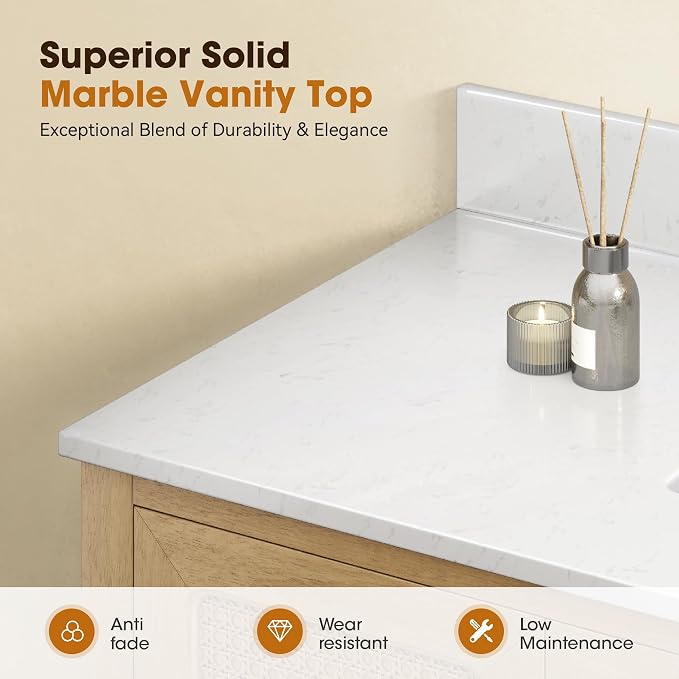48 Inch Bathroom Vanity with Sink, Light Oak | Fully Pre-Assembled, Solid Wood Bathroom Cabinet, Marble Countertop & Backsplash, Soft Closing 2 Doors & 3 Drawers